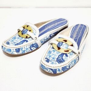 Blue & White Paisley Tortoise Shell Ring Detail Slip On Loafers Mules